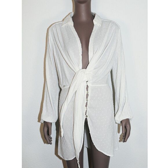 Boho White Front Tie Deep V Neck Long Sleeve Blouse Size Medium - Picture 1 of 3
